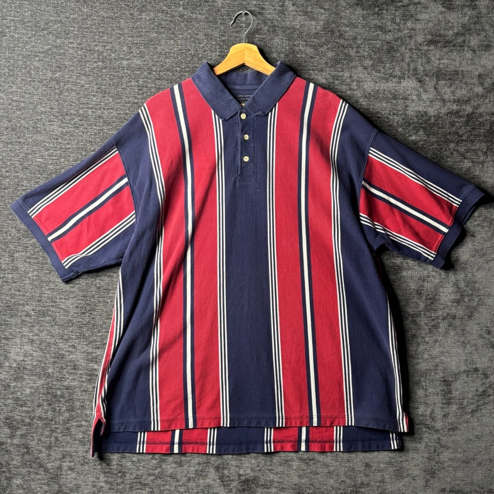 St Johns Bay Mens 3XL Polo Shirt Navy Red White Vertical Stripe Baggy Y2K Preppy